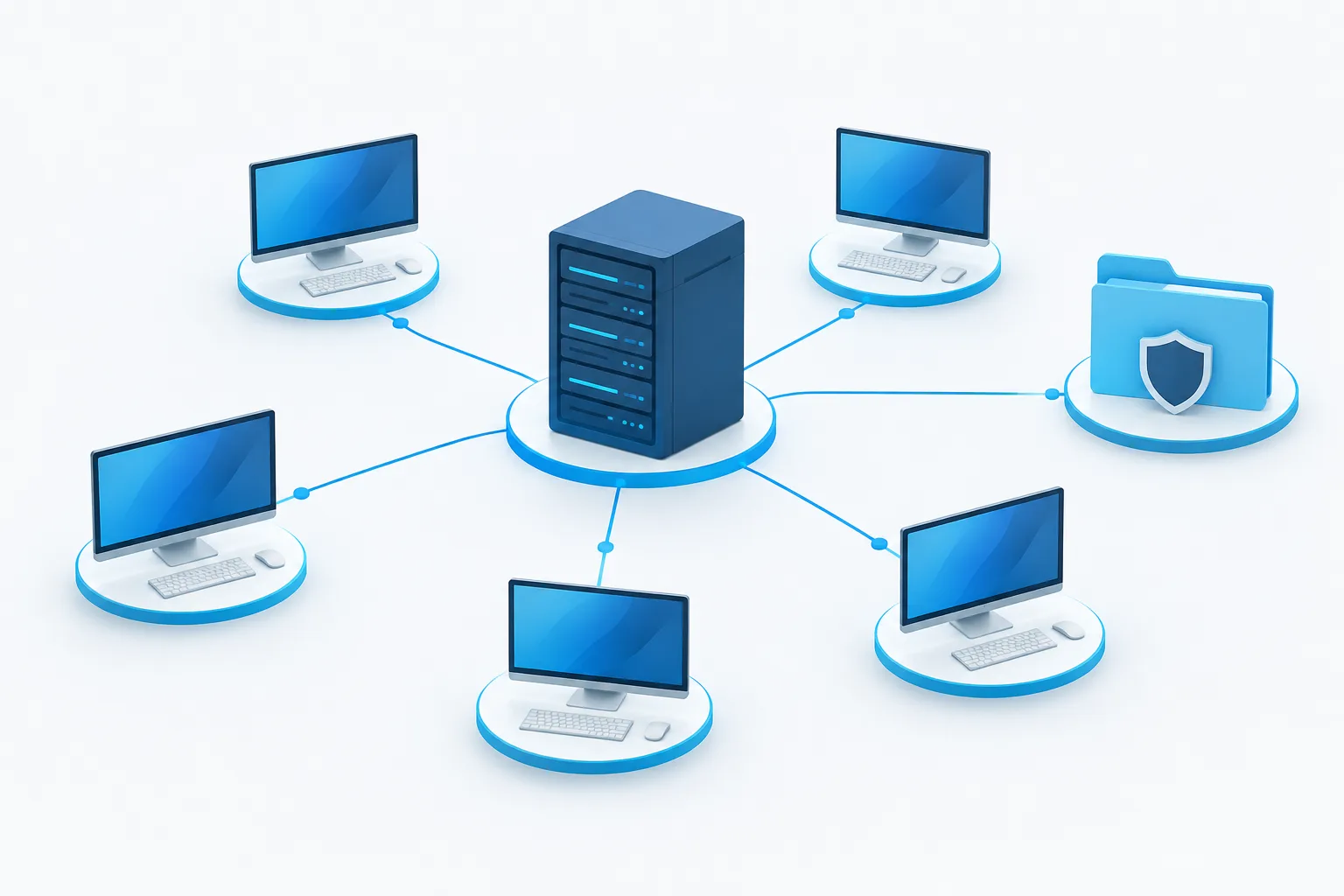 A central server connected to several office workstations and a shared folder.