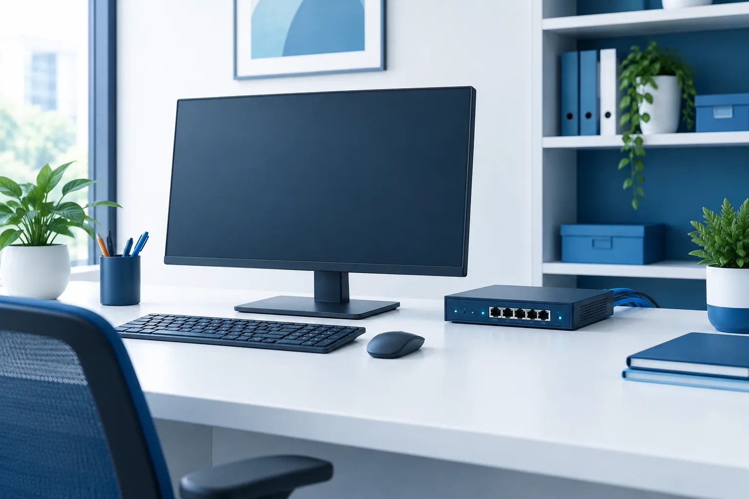 A tidy accounting office desk with a desktop computer and a small network device.