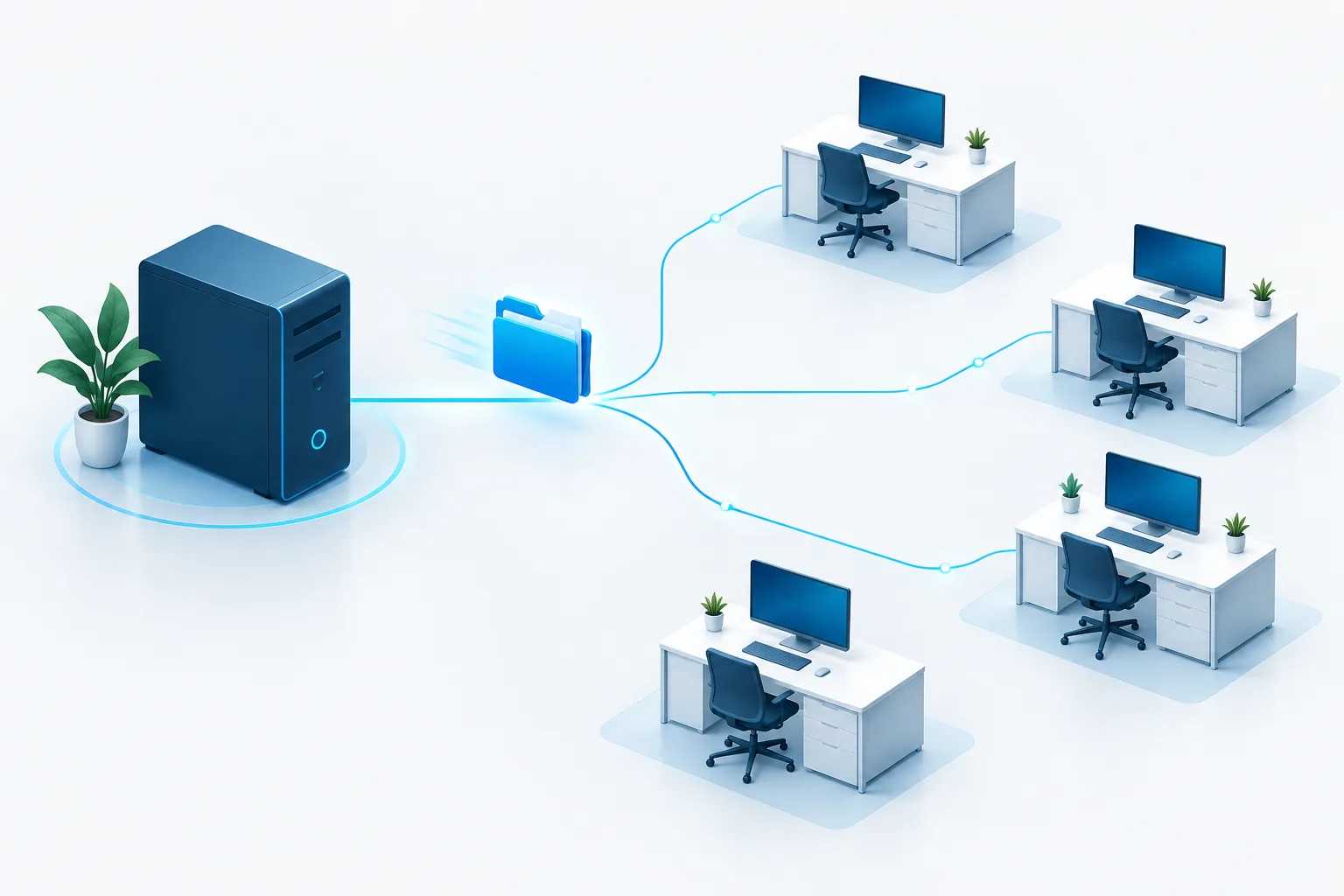 An abstract illustration of a host computer connected to several workstations.