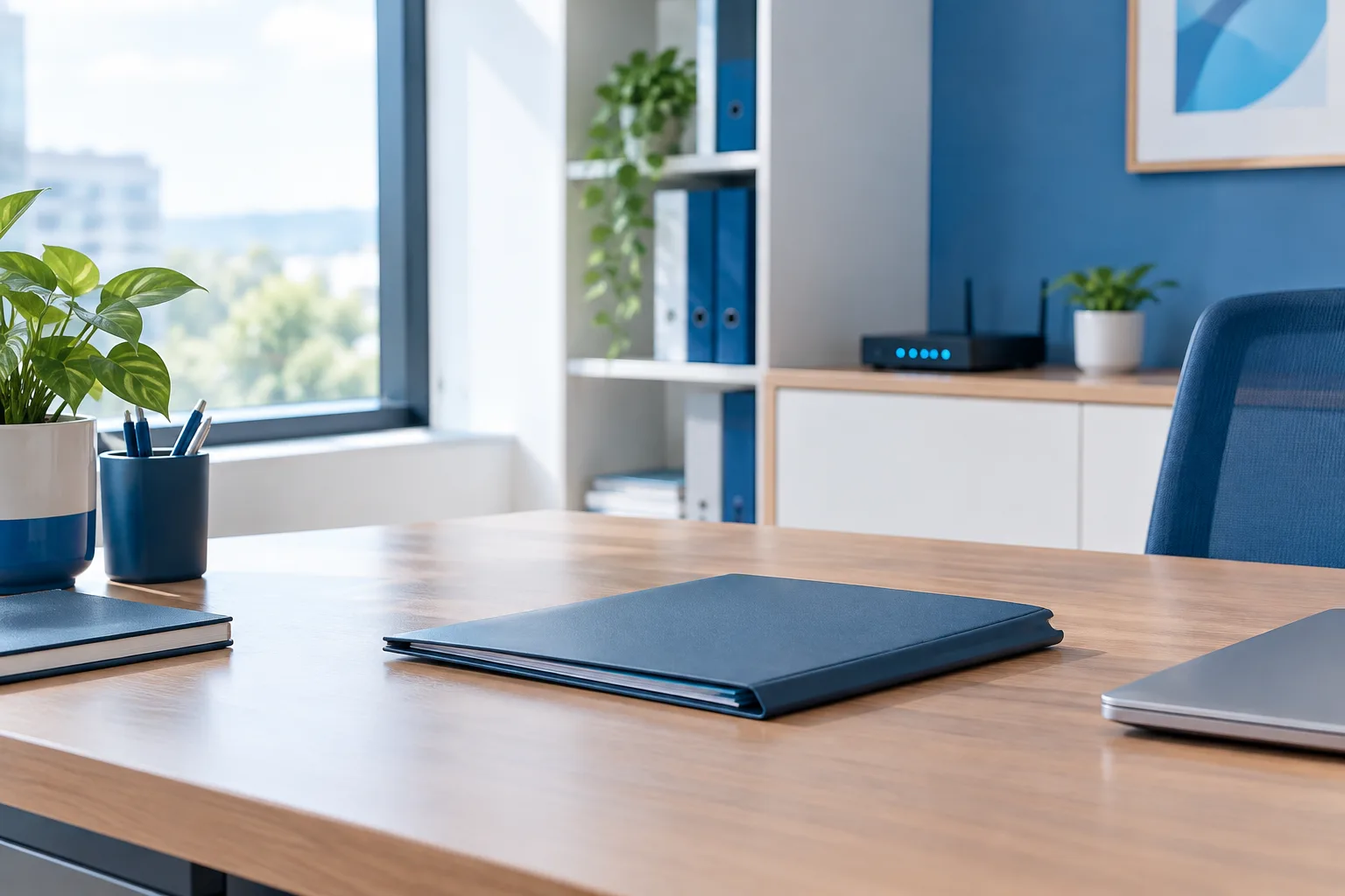 A tidy accounting office desk with a file folder and network device.